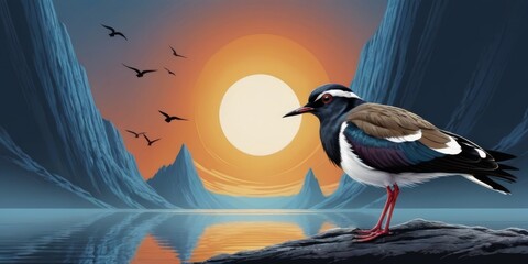   A bird perched on a boulder beside a tranquil expanse of water, with avian silhouettes soaring high in the heavens overhead