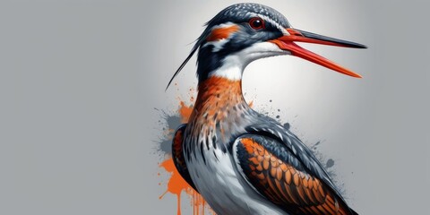   A bird, adorned with an elongated beak and vibrant orange-white stripes gracing its head and neck, painted meticulously - obrazy, fototapety, plakaty