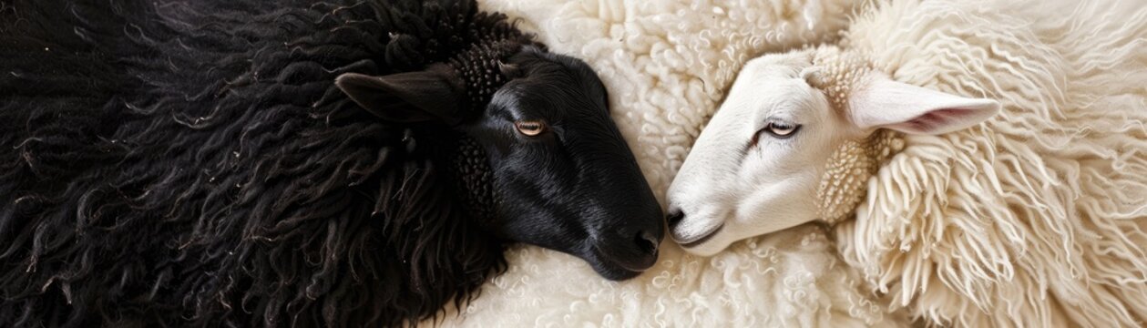 High-contrast image of sheep with jet black and pure white wool in a Yin-Yang composition