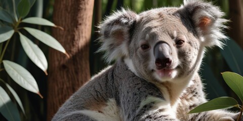 Fototapeta premium A koala resting high in a leaf-filled forest, surrounded by abundant greenery