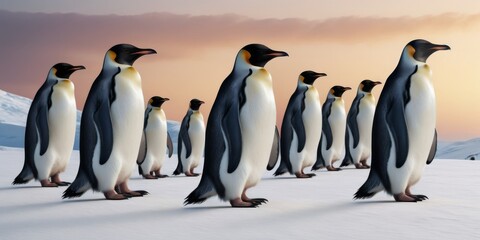   A cluster of penguins huddled together on a snowy field, surrounded by towering mountains