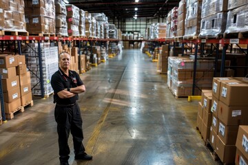 A man overseeing operations in a warehouse filled with boxes, ensuring smooth logistics processes - obrazy, fototapety, plakaty