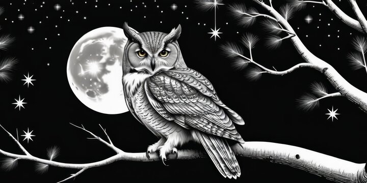   Black and white image of an owl perched on a branch under the full moon and starry sky
