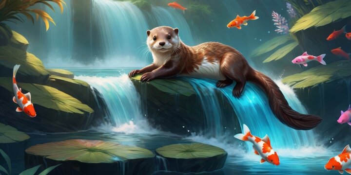   A picture of an otter atop a rock near a waterfall with fish swimming below
