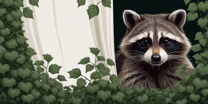   A raccoon peeks through ivy-covered window