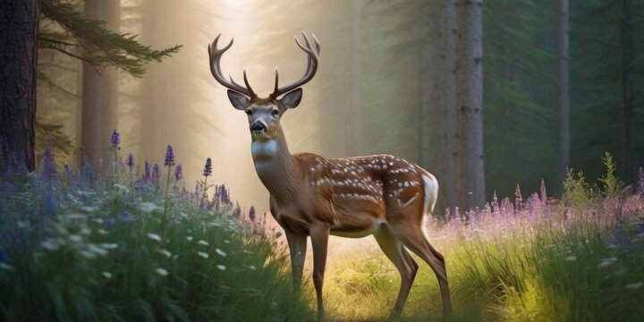   A deer in a forest with tall grass and purple flowers under a sunbeam
