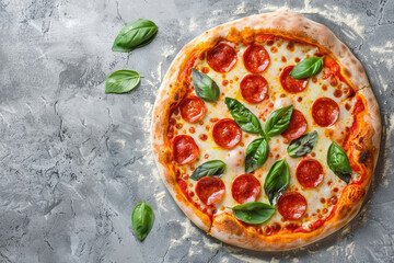 Pepperoni Pizza Topped with Basil Leaves on a Gray Background