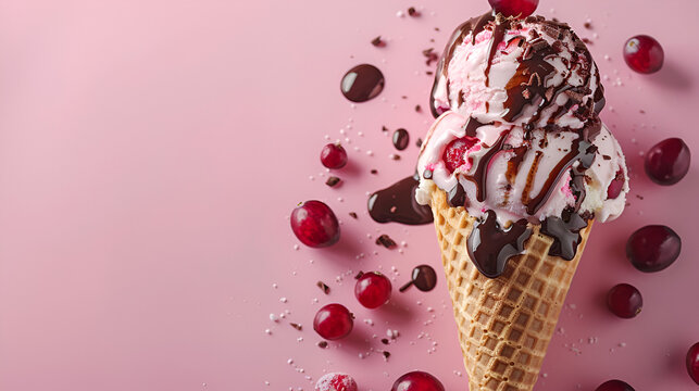 Variety of ice cream cones, Baby kid hand holding big ice-cream in waffles cone, Ice cream. Strawberry or raspberry flavor ice-cream,  colorful sprinkles closeup, Generative Ai