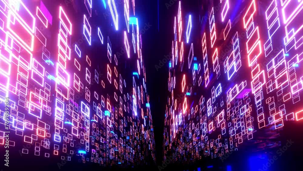 Poster flight through hi-tech technology tunnel with camera shake. neon light, sci-fi constructions, myster
