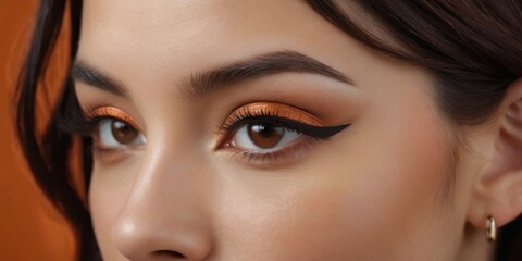   Woman's face with long lashes, orange eyeshadow on brown background