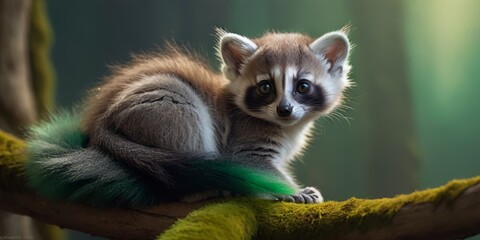 Obraz premium A small brown animal sits atop a green moss-covered branch on a tree