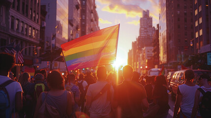 Friends gathered in a bustling city street for a gay pride parade a large rainbow flag waving above...