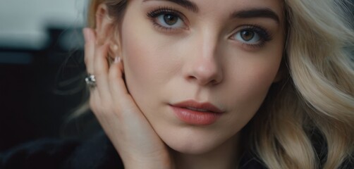   A close-up portrait of a woman with golden hair and a wedding band on her left ring finger, and her right hand resting on her cheek - obrazy, fototapety, plakaty