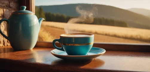 Fotobehang  Coffee, saucer & teapot on window sill © Viktor
