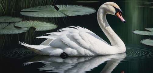 Fototapeta premium A white swan glides atop a lake adorned with lily pads and vibrant water lilies