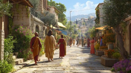 People walking down the street, a biblical painting, flowers blooming, the old town.