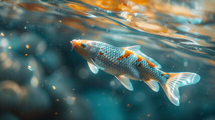 Silvery koi gliding under the waters surface the subtle interplay of light creating a tranquil atmosphere - obrazy, fototapety, plakaty