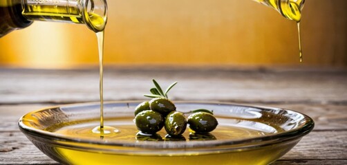   Green olives in bowl with olive oil pouring from bottle behind