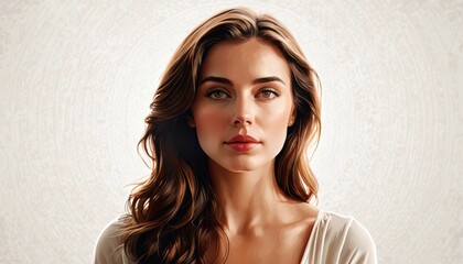 Naklejka premium A portrait of a lady with lengthy brown locks and a white blouse on a white canvas backdrop, featuring a circular design