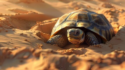 Desert tortoise burrowing into the sand to escape the midday heat, its sturdy shell providing protection. - obrazy, fototapety, plakaty