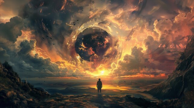 Overcoming the end of all things. End of the world. A man looks at a cosmic vortex. Deep Thoughts