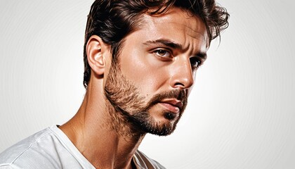 Obraz premium A man with a beard wears a white T-shirt while gazing away