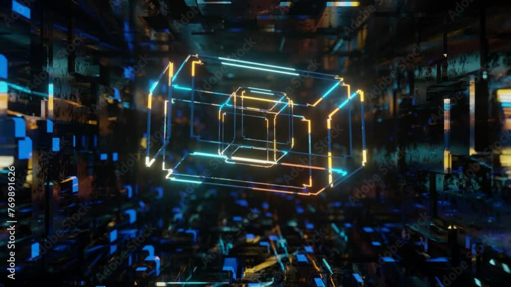 Poster 3d object or structure rotates and moves inside glass mirror tunnel with neon light, bright reflecti