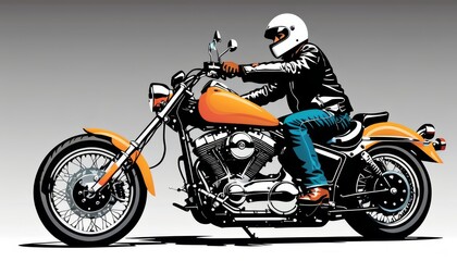   A man riding a motorcycle against an orange-gray background, wearing a helmet and goggles