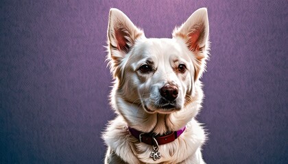   A white dog with a red collar stares into the camera with a solemn expression as it sits against a purple backdrop