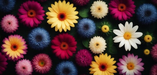   A close-up of various colored flowers surrounded by more flowers in the center of the frame, with one prominent flower standing out in the middle