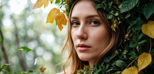   A woman wearing a leaf crown stares sternly into the camera - obrazy, fototapety, plakaty