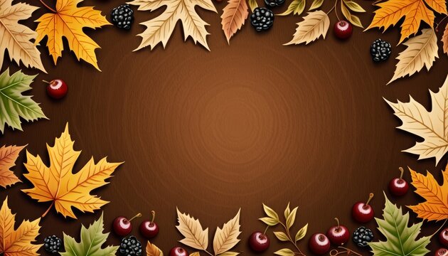   Autumn landscape on brown background with leaves, berries, and cherries; space for text or image