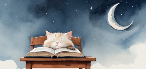   A cat dozes atop an open book atop a wooden chair under a crescent moon - obrazy, fototapety, plakaty