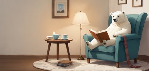   A polar bear lounges in a chair, sipping tea from a cup while engrossed in a book on the nearby table