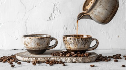 A banner, beautiful coffee cups and coffee beans, a coffee pot pouring coffee into a cup.