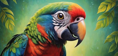 Fototapeta premium A vibrant depiction of a parrot adorned with lush green foliage and a striking tricolor head