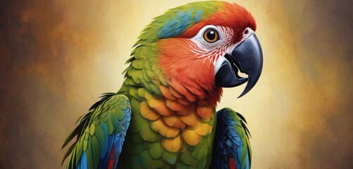   A vivid depiction of a parrot perched atop a wooden table, alongside a tri-colored parrot in the painting