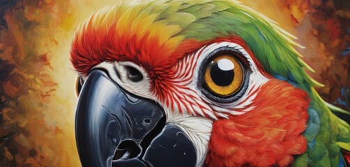   A vibrant depiction of a parrot boasting orange and green plumage and a dark beak against a backdrop of golden-orange foliage - obrazy, fototapety, plakaty