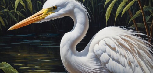   A painting of an elegant white egret standing amidst reeds and grass in a tranquil body of water - obrazy, fototapety, plakaty