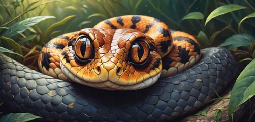 Fototapeta premium A detailed image of a snake resting atop a leaf-covered surface, with its eyes wide open and its head positioned centrally within its body