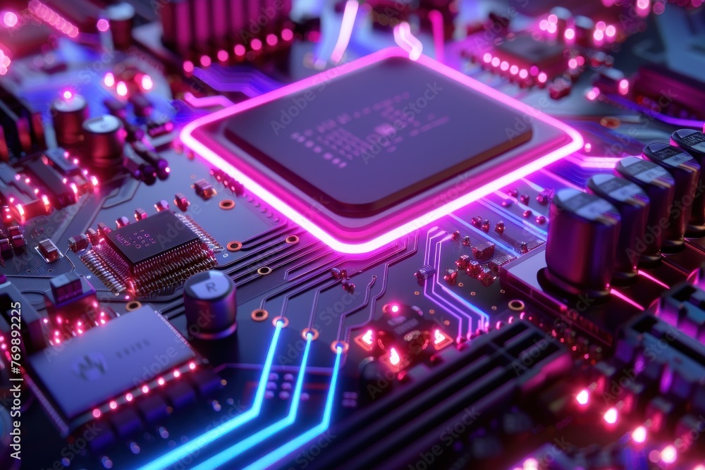 Poster artificial intelligence - computer processor neon glow. ai generative