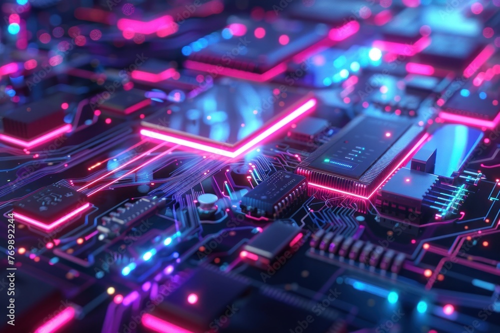 Poster artificial intelligence - computer processor neon glow. ai generative