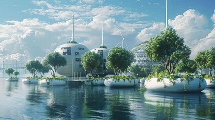 A futuristic concept illustration of a floating eco-city with sustainable architecture and green energy