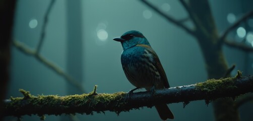 Naklejka premium Blue bird on mossy branch in forest under full moon in background
