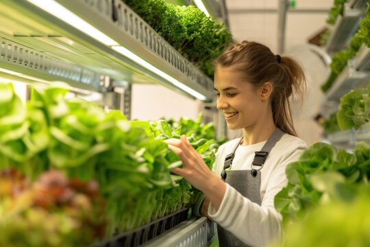 Cheerful female farmer caring for lettuce in a hydroponic indoor farm. ai generative