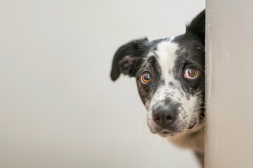 curious dog peeks around a corner, light color background enhancing the playful curiosity. ai generative