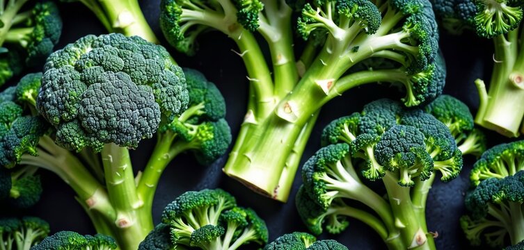   Broccoli florets on blue surface with surrounding broccoli
