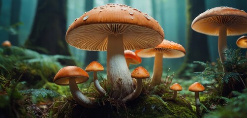   A cluster of fungi perched atop a verdant woodland adorned with abundant foliage and mossy soil