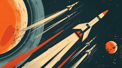 A vintage-inspired vector illustration of a retro-futuristic space travel poster with bold typography and graphic elements - obrazy, fototapety, plakaty