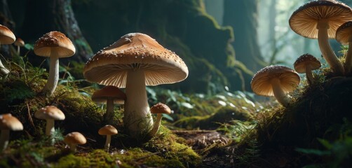   A cluster of mushrooms resting atop a verdant forest carpeted with plentiful lichen and moss - obrazy, fototapety, plakaty
